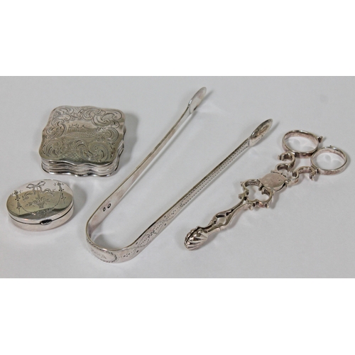 117 - Four items of hallmarked silver comprising a pair of Georgian sugar nips, a pair of Georgian sugar t... 