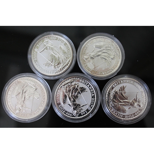 127 - A group of five 1oz .999 fine silver Britannia 2 pound coins.