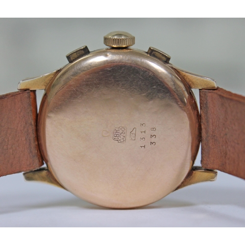 140 - An 18ct gold Chronographe Suisse gentlemans wristwatch with twin subsidary dials, bronze dial and ta... 