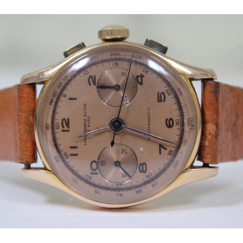 140 - An 18ct gold Chronographe Suisse gentlemans wristwatch with twin subsidary dials, bronze dial and ta... 