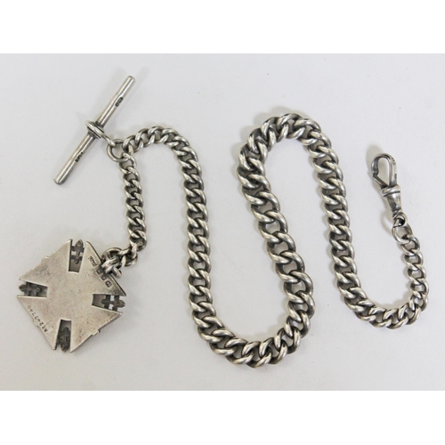 144 - A hallmarked silver albert chain with fob, chain length 36cm, gross weight 53.9 grams.