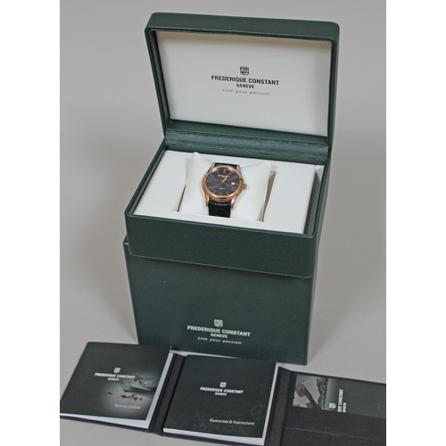 177 - A Frederique Constant Index automatic rose gold plated wristwatch, the black dial having batons and ... 