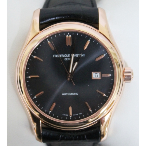 177 - A Frederique Constant Index automatic rose gold plated wristwatch, the black dial having batons and ... 