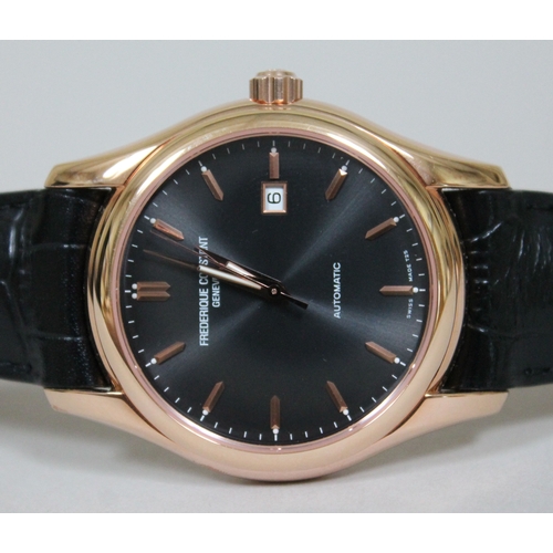 177 - A Frederique Constant Index automatic rose gold plated wristwatch, the black dial having batons and ... 