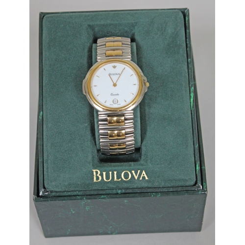 182 - A ladies stainless steel Bulova quartz wristwatch with white dial, gold markers and hands and date a... 