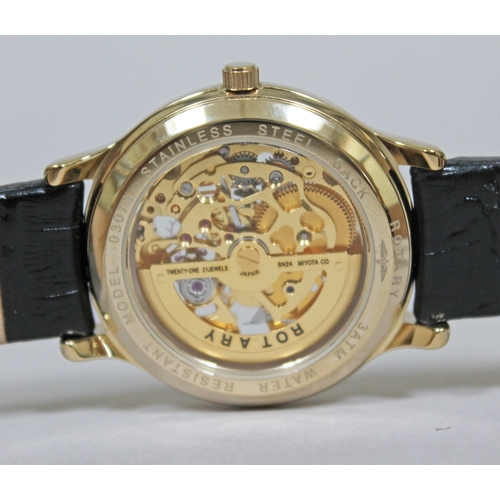 183 - A Rotary Automatic gold plated wristwatch with visible movement model 03071, diam. 36mm, Rotary leat... 