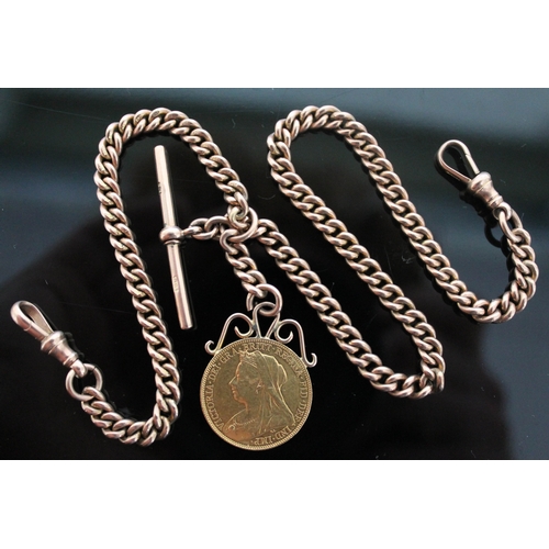 188 - A 9ct gold double Albert chain with T bar and mounted Victoria 1900 sovereign, ;length 37cm, gross w... 