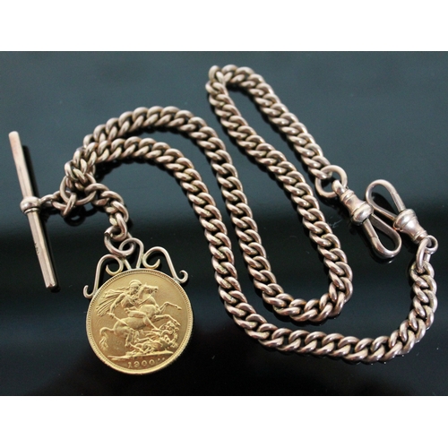 188 - A 9ct gold double Albert chain with T bar and mounted Victoria 1900 sovereign, ;length 37cm, gross w... 