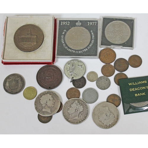 205 - A mixed lot of coins including three Georgian crowns  and a George IV florin etc.