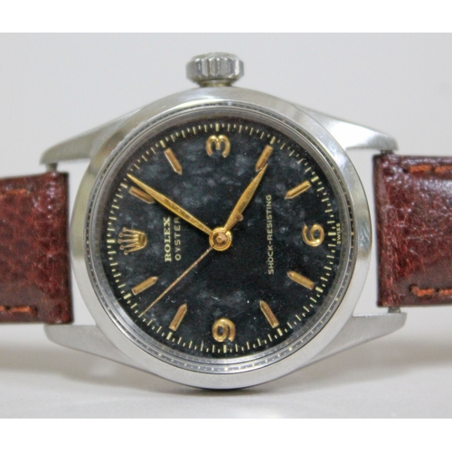 216 - A vintage Rolex Oyster Shock-Resisting stainless steel wristwatch circa 1955, black dial with gold h... 