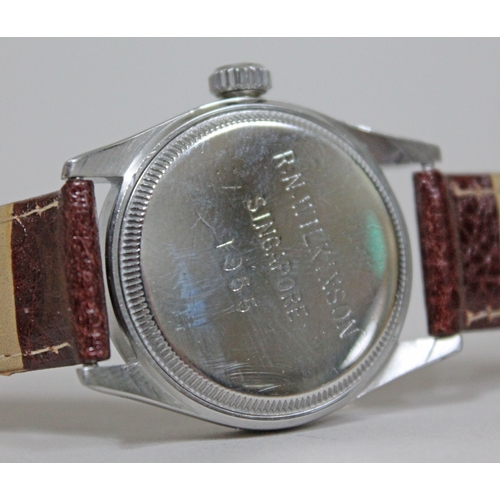 216 - A vintage Rolex Oyster Shock-Resisting stainless steel wristwatch circa 1955, black dial with gold h... 