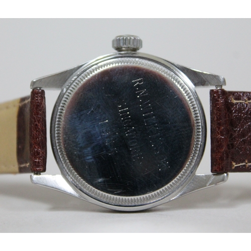 216 - A vintage Rolex Oyster Shock-Resisting stainless steel wristwatch circa 1955, black dial with gold h... 