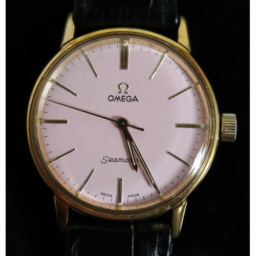 217 - An Omega Seamaster gold plated wristwatch with pink dial, diam. 32mm, later leather strap, no box no... 