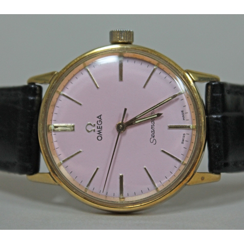 217 - An Omega Seamaster gold plated wristwatch with pink dial, diam. 32mm, later leather strap, no box no... 