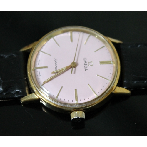 217 - An Omega Seamaster gold plated wristwatch with pink dial, diam. 32mm, later leather strap, no box no... 