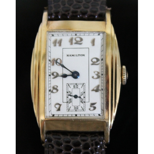 219 - A Hamilton Art Deco 10K gold filled wristwatch with later leather strap, width 27mm.