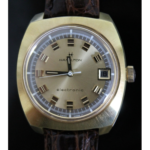 220 - A retro Hamilton Electronic gold plated wristwatch, width 35mm, later leather strap.