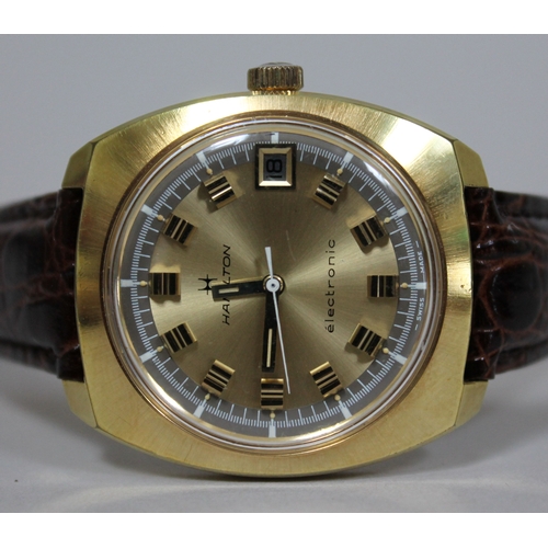 220 - A retro Hamilton Electronic gold plated wristwatch, width 35mm, later leather strap.