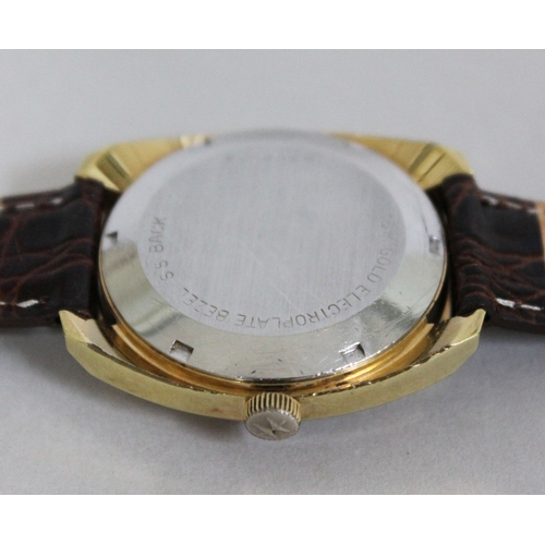 220 - A retro Hamilton Electronic gold plated wristwatch, width 35mm, later leather strap.