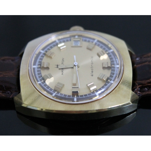 220 - A retro Hamilton Electronic gold plated wristwatch, width 35mm, later leather strap.