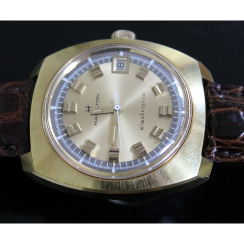 220 - A retro Hamilton Electronic gold plated wristwatch, width 35mm, later leather strap.