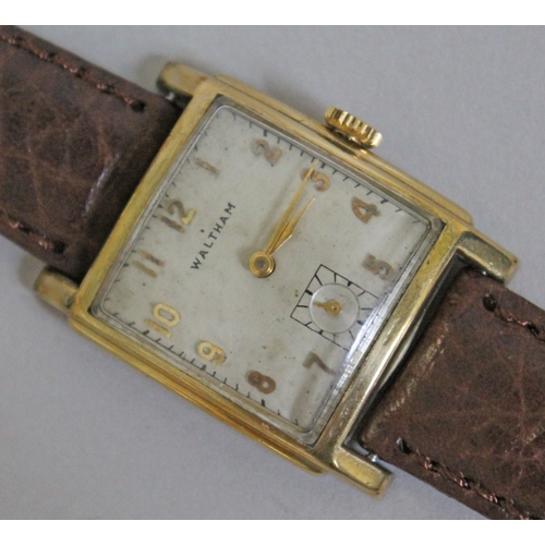 222 - An Art Deco Waltham 10K gold filled wristwatch, width 26mm, later leather strap.