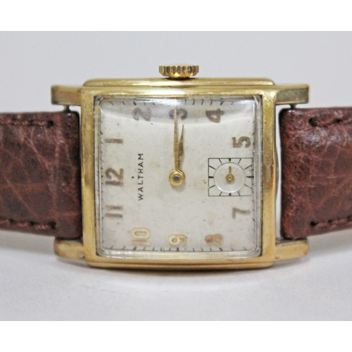 222 - An Art Deco Waltham 10K gold filled wristwatch, width 26mm, later leather strap.