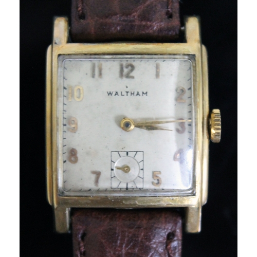 222 - An Art Deco Waltham 10K gold filled wristwatch, width 26mm, later leather strap.