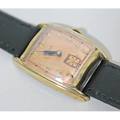 223 - An Art Deco Elgin 10K gold front bezel wristwatch with copper dial and stainless steel back, width 2... 