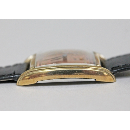 223 - An Art Deco Elgin 10K gold front bezel wristwatch with copper dial and stainless steel back, width 2... 