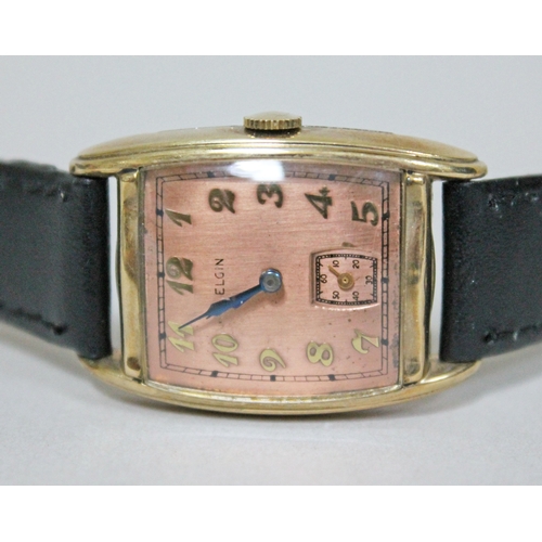 223 - An Art Deco Elgin 10K gold front bezel wristwatch with copper dial and stainless steel back, width 2... 