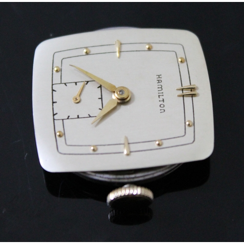 224 - An Art Deco Hamilton 14K gold filled gold wristwatch, width 24mm, later leather strap.