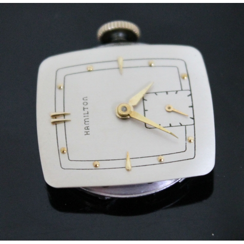 224 - An Art Deco Hamilton 14K gold filled gold wristwatch, width 24mm, later leather strap.