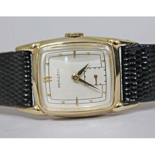 224 - An Art Deco Hamilton 14K gold filled gold wristwatch, width 24mm, later leather strap.