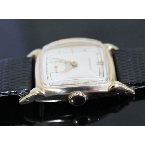 224 - An Art Deco Hamilton 14K gold filled gold wristwatch, width 24mm, later leather strap.