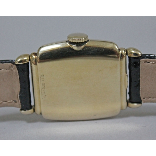 226 - An Art Deco Hamilton gold filled wristwatch, width 23mm, later leather strap.