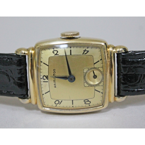 226 - An Art Deco Hamilton gold filled wristwatch, width 23mm, later leather strap.