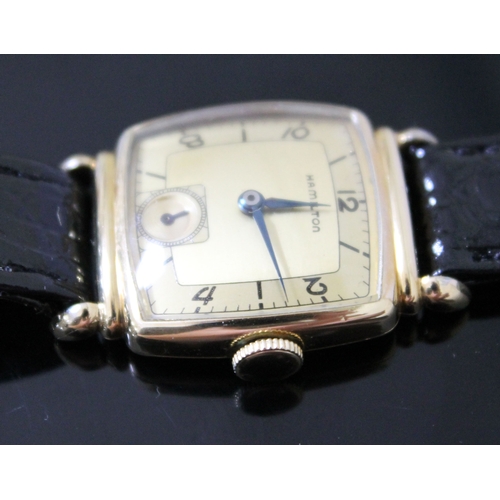 226 - An Art Deco Hamilton gold filled wristwatch, width 23mm, later leather strap.