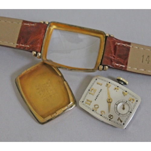 227 - An Art Deco Hamilton 10K gold filled wristwatch, width 21mm, later leather strap.