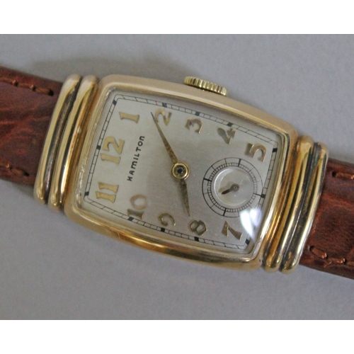 227 - An Art Deco Hamilton 10K gold filled wristwatch, width 21mm, later leather strap.