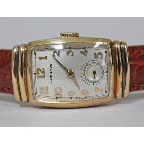 227 - An Art Deco Hamilton 10K gold filled wristwatch, width 21mm, later leather strap.