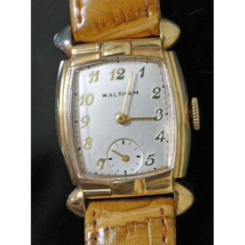 228 - An Art Deco Waltham 10K rolled gold plate bezel wristwatch with stainless steel back, width 22mm, la... 