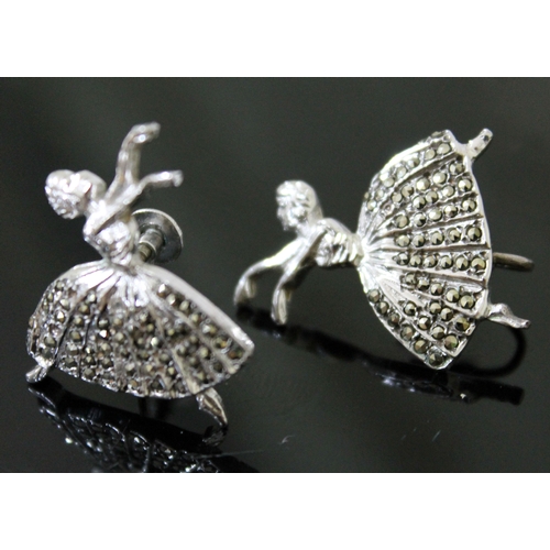 234 - A pair of vintage hallmarked silver and marcasite screw on earrings depicting dancing ballerinas, de... 