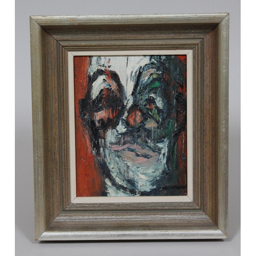 325 - Jose Christopherson (b1814), clown, oil on canvas, 17cm x 22cm, signed lower right, framed 30cm x 35... 