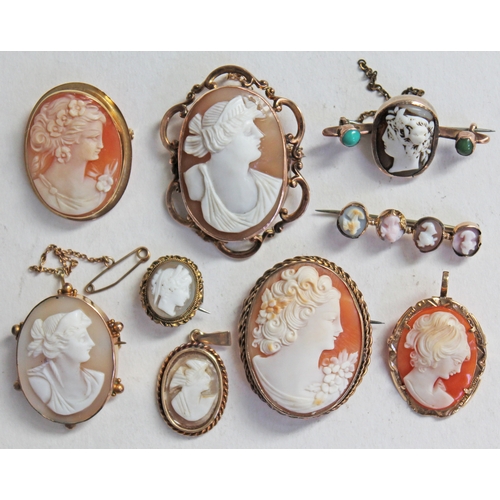 240 - A group of nine gold and yellow metal cameo brooches/pendants, various marks, some unmarked.