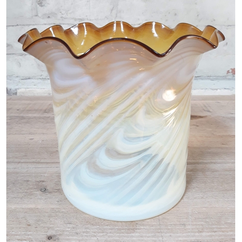 364 - A Victorian twist vaseline glass light shade with crimped rim, approx. fitting diameter outside 17.7... 