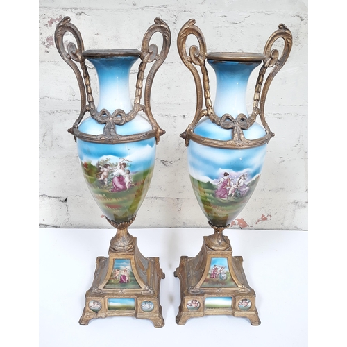 373 - A pair of Continental 19th Century gilt metal mounted porcelain vases of ovoid form on pedestal base... 