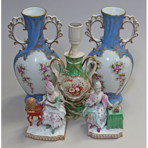 287 - A group of Continental porcelain comprising a pair of Limoge Decor Main vases, a twin handled vase c... 