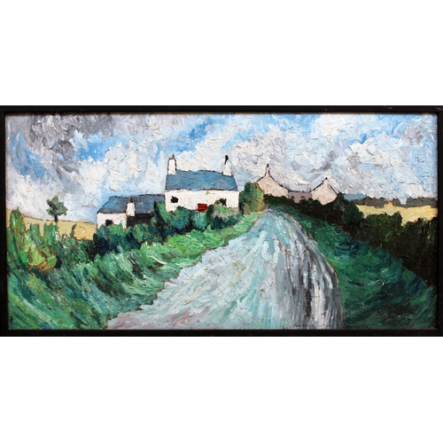 368 - Ray Evans (b1920), Welsh village, oil on canvas 120cm x 58cm, signed lower middle, black frame 124cm... 