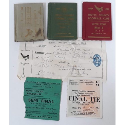 400 - Notts County Football Club ephemera comprising three season tickets or coupon books and a cheque, to... 